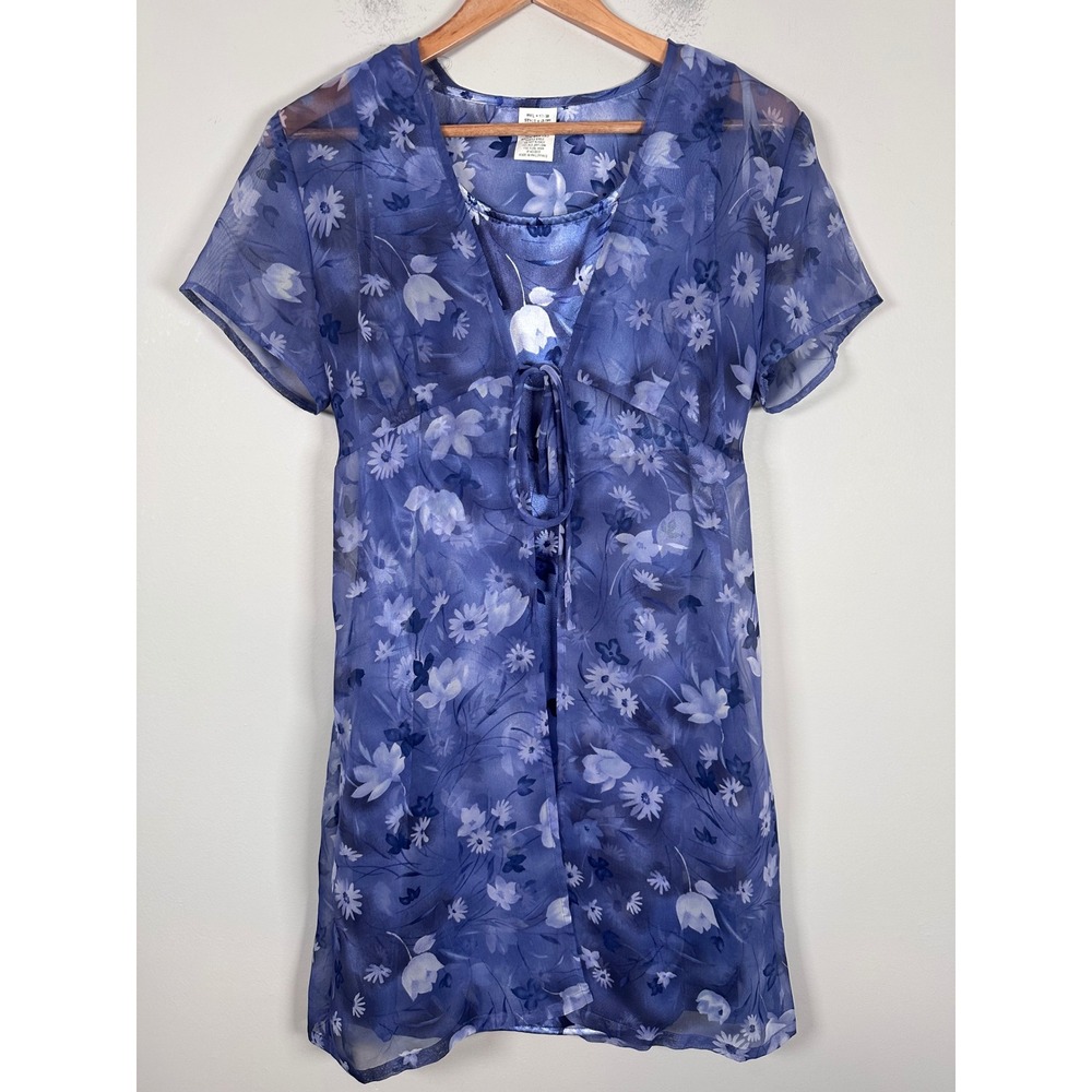 Floral Slip Dress & Sheer Cardigan Set Womens 9/10 Blue Y2K Fairycore Whimsy VTG